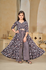 Heavy Muslin Digital Print Shrug Crop Top Bottom Set for Girls