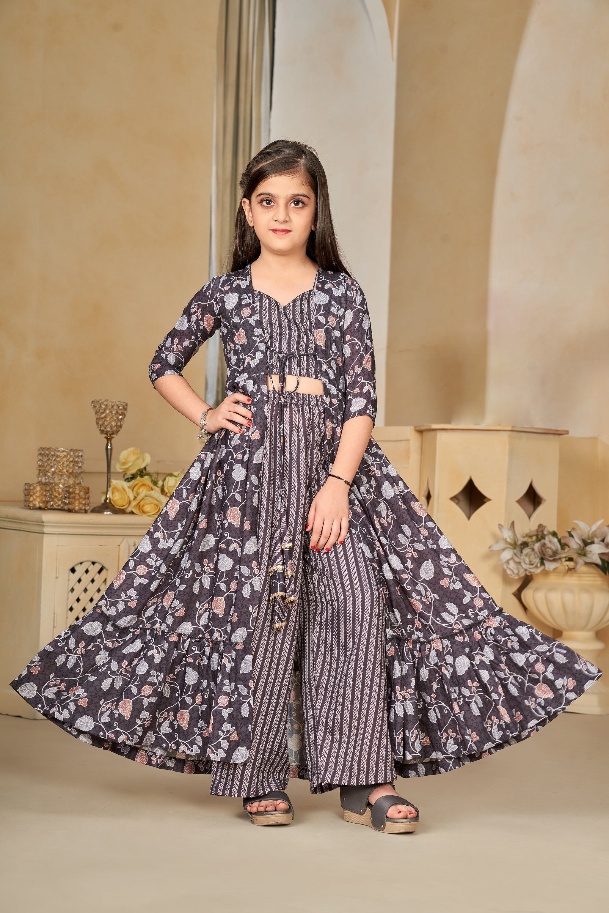 Heavy Muslin Digital Print Shrug Crop Top Bottom Set for Girls