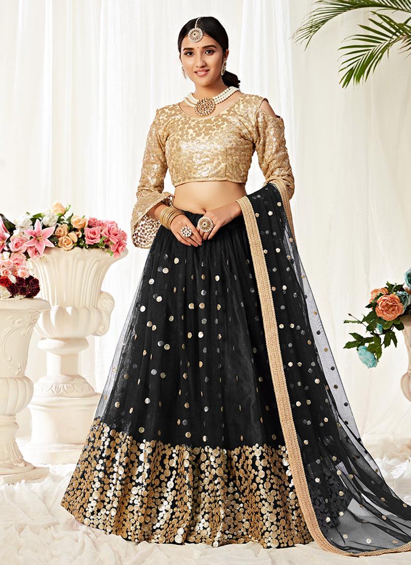 Heavy Sequins Bell Sleeves Black Lehenga