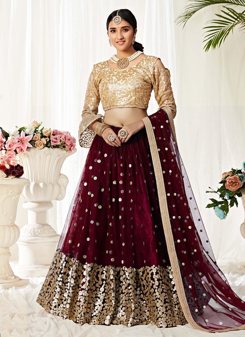 Heavy Sequins Bell Sleeves Maroon Lehenga