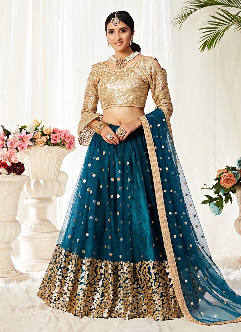 Heavy Sequins Bell Sleeves Teal Blue Lehenga