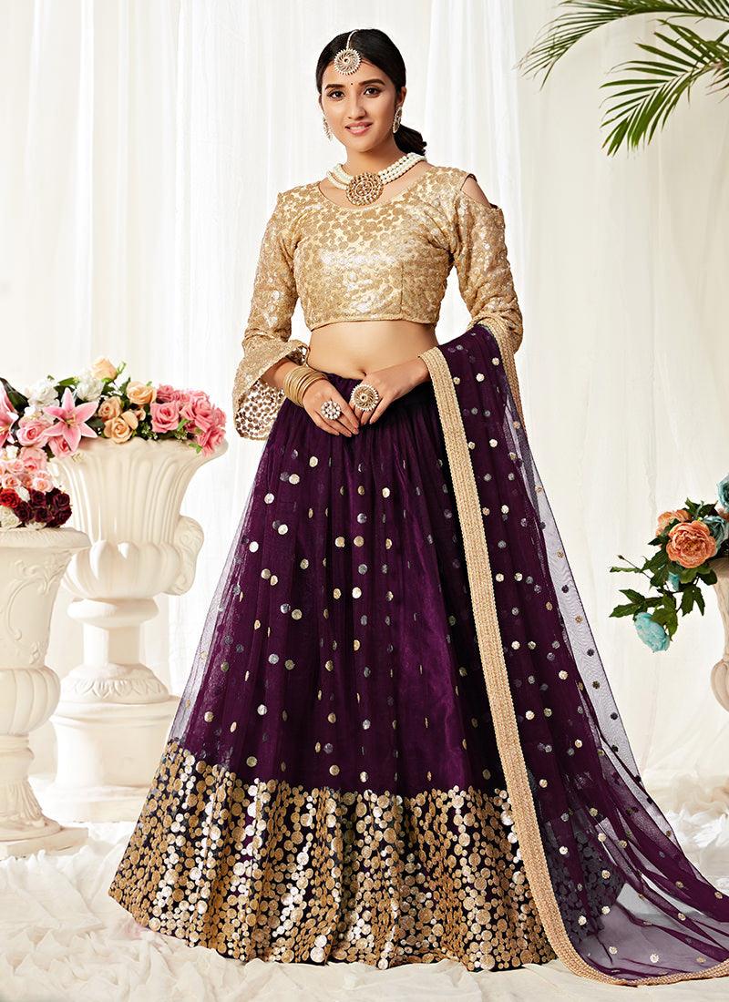 Heavy Sequins Bell Sleeves Wine Lehenga