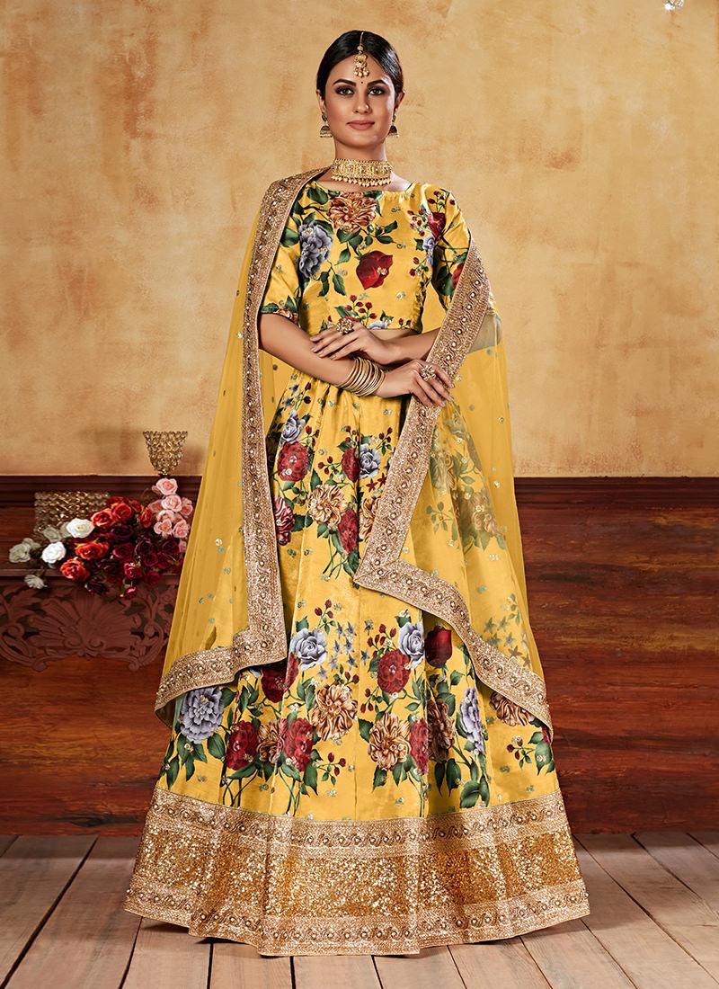 Heavy Sequins Digital Printed Yellow Floral Lehenga