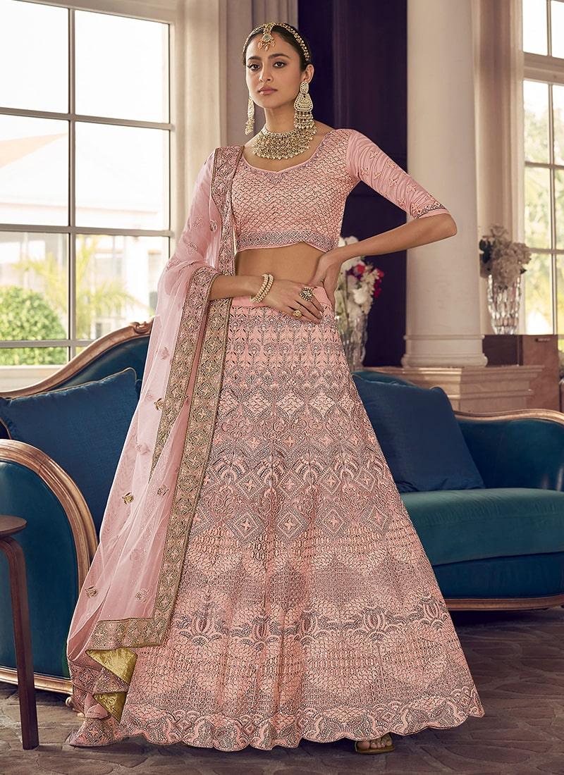 Heavy Thread And Zarkan Work Peach Color Bridesmaid Lehenga Choli