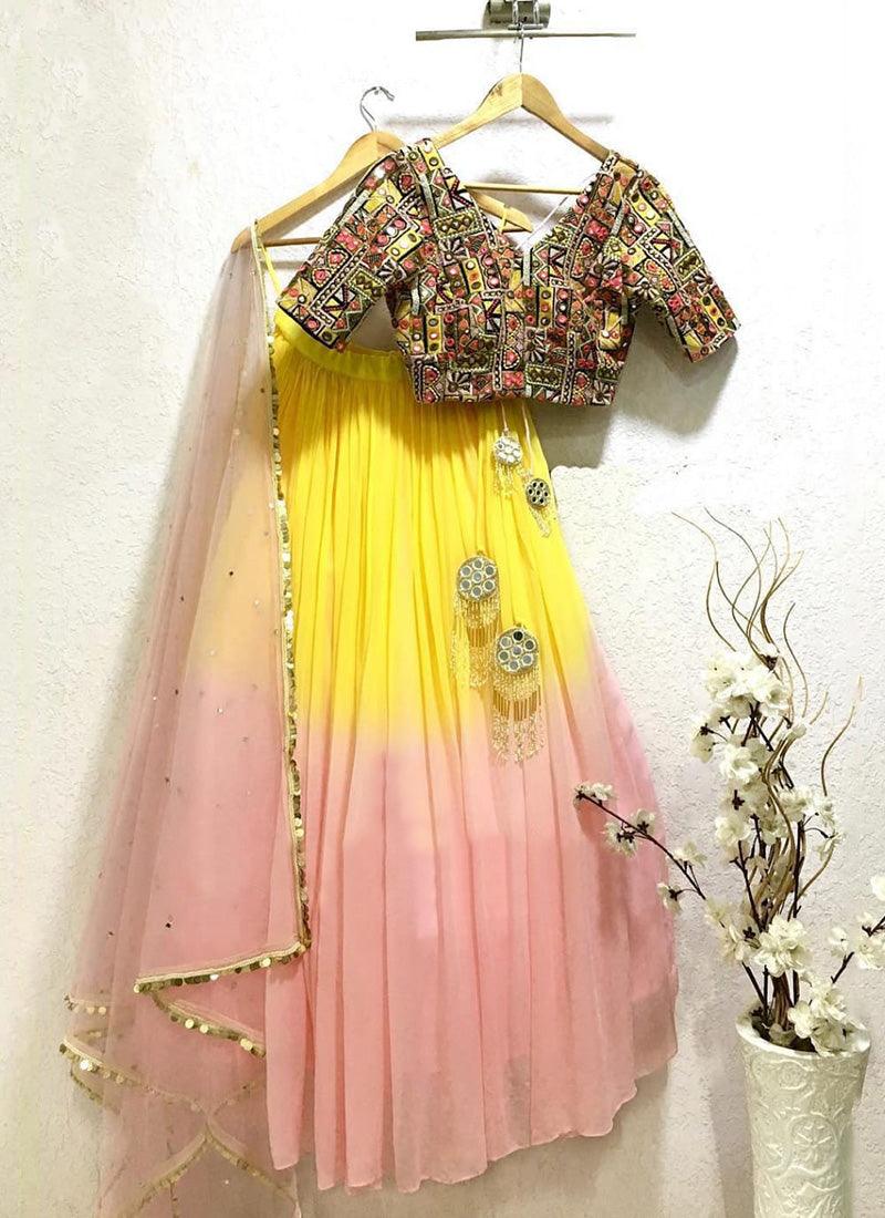 Heavy Work Blouse With Pink N Yellow Lehenga