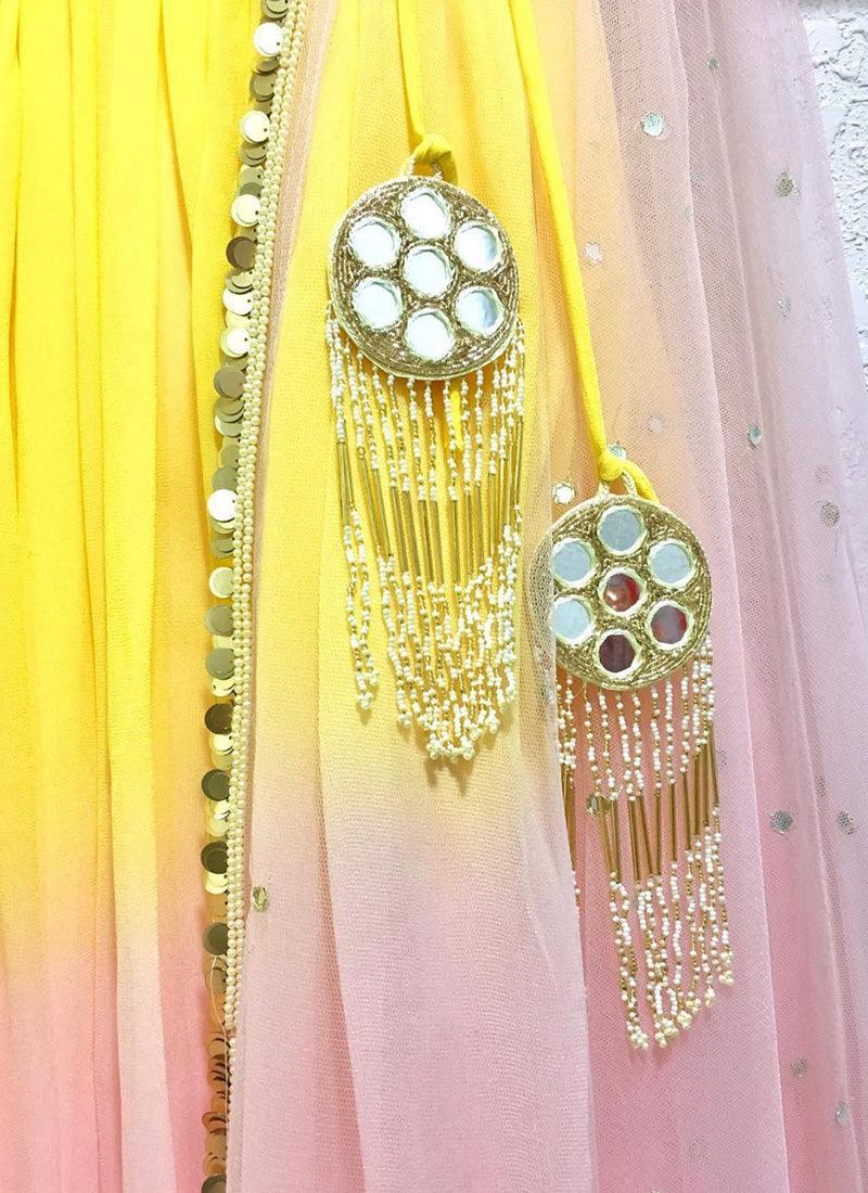 Heavy Work Blouse With Pink N Yellow Lehenga