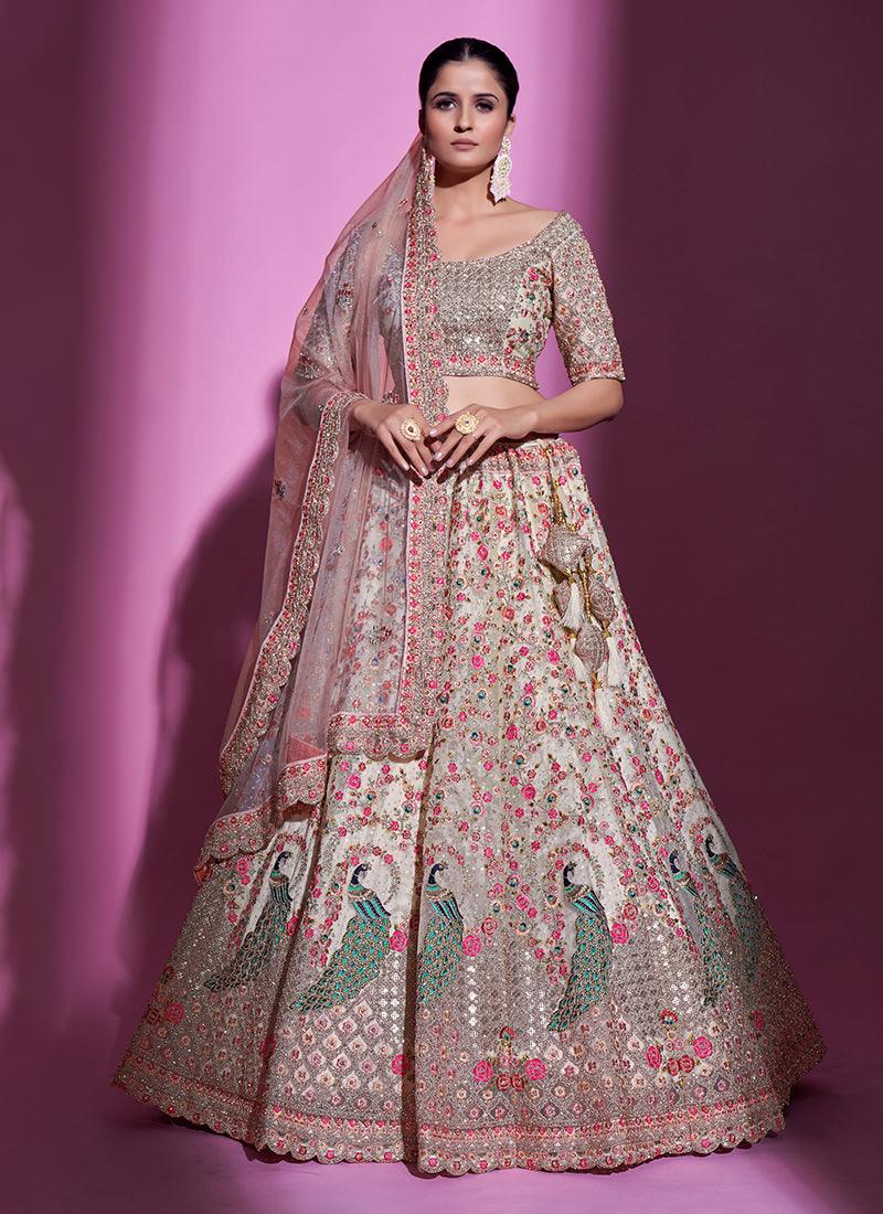 Heavy Work Cream Soft Net Wedding Lehenga