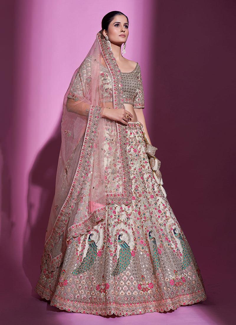 Heavy Work Cream Soft Net Wedding Lehenga