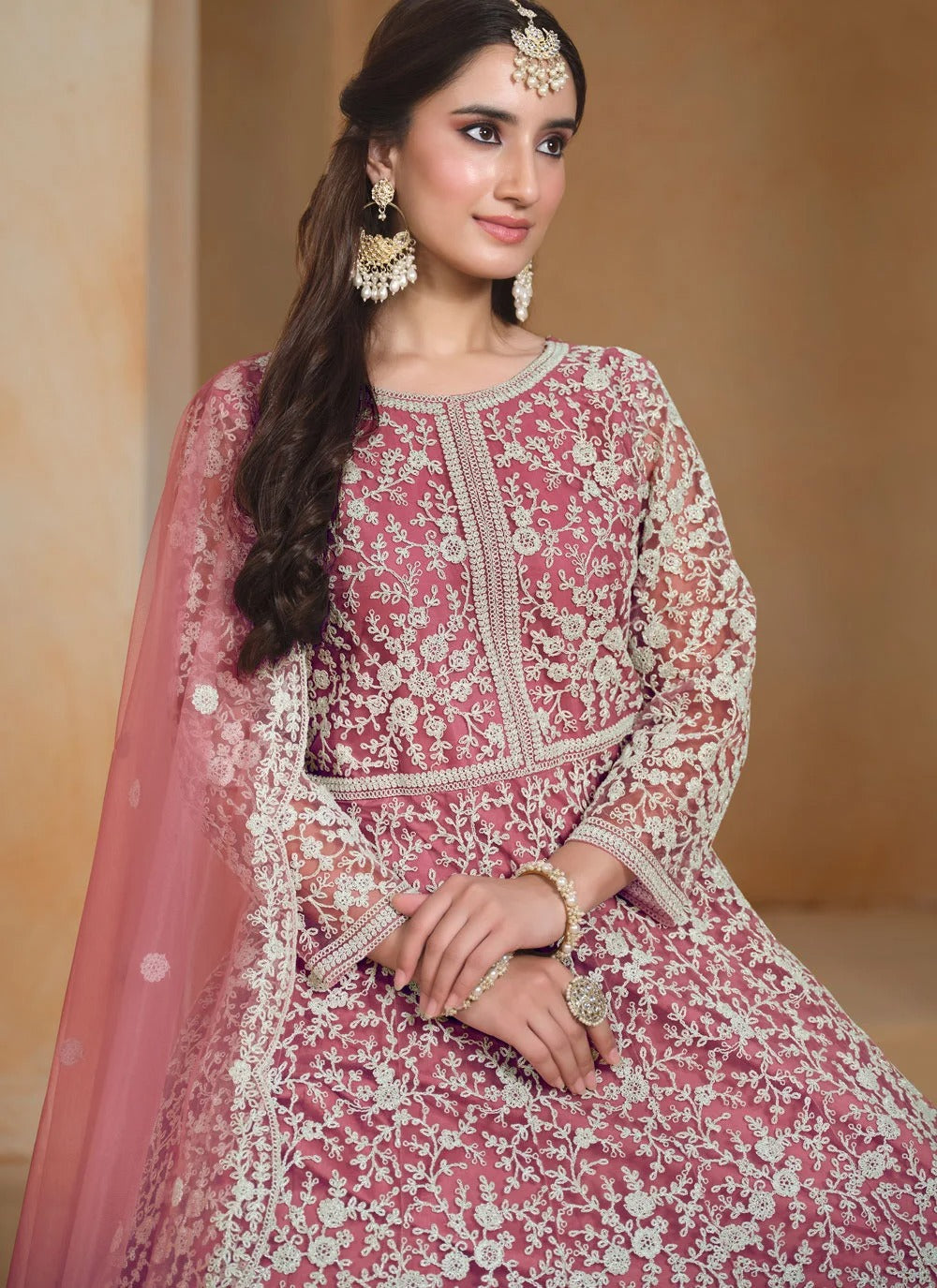 Hot pink designer anarkali suit with thread embroidery