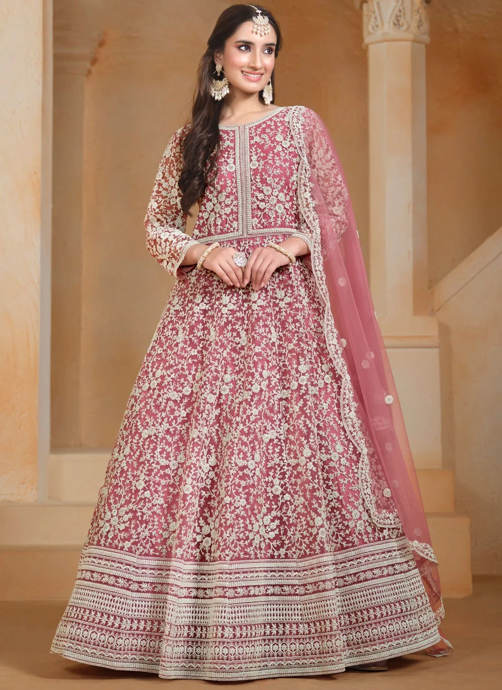 Hot pink designer anarkali suit with thread embroidery