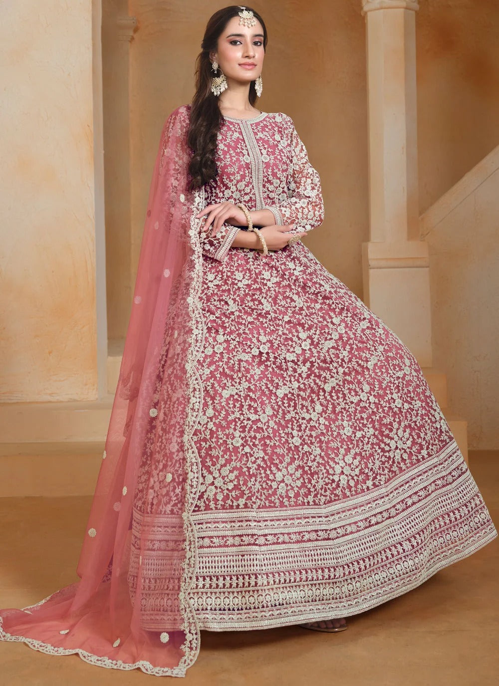 Hot pink designer anarkali suit with thread embroidery