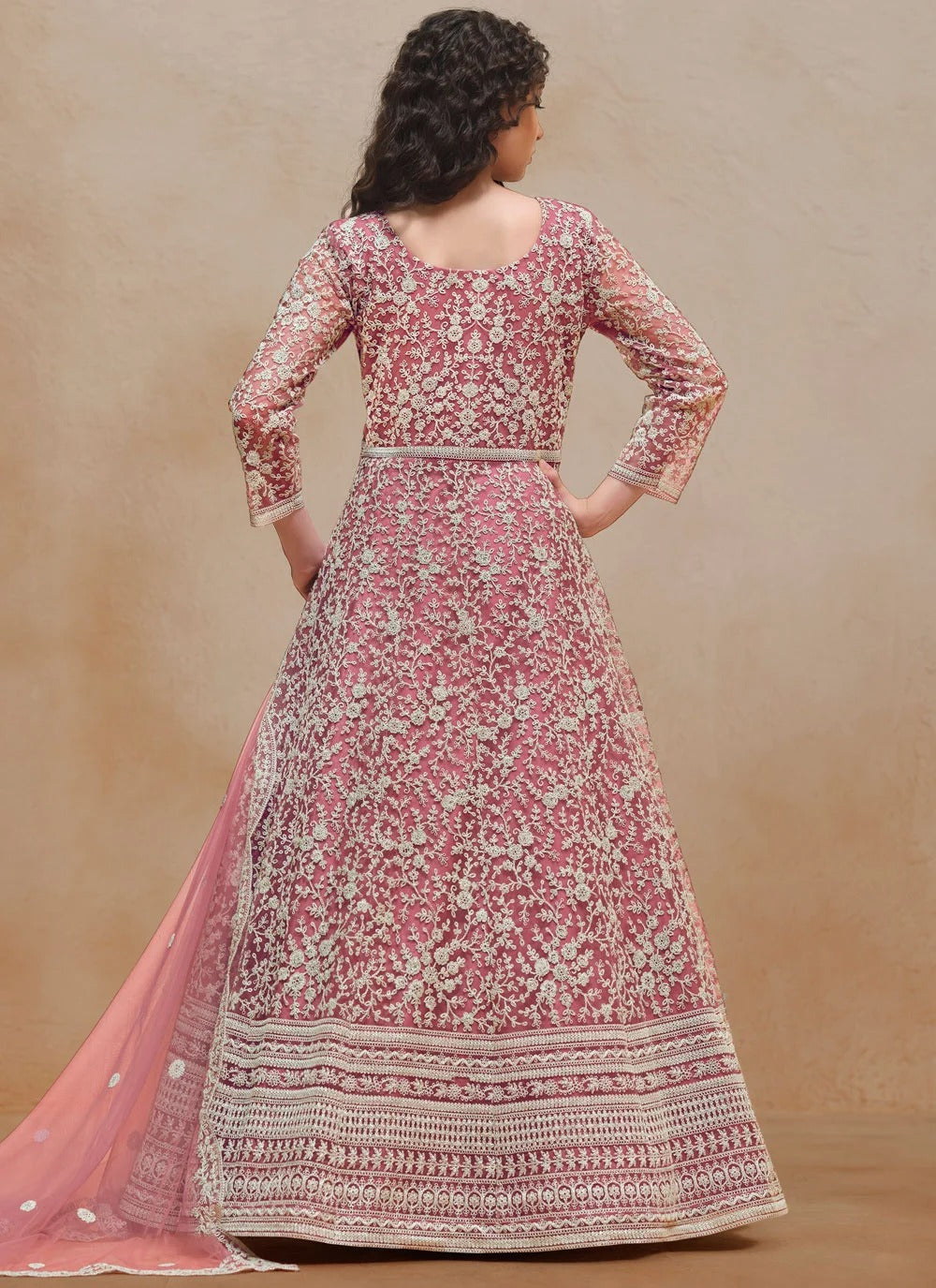 Hot pink designer anarkali suit with thread embroidery