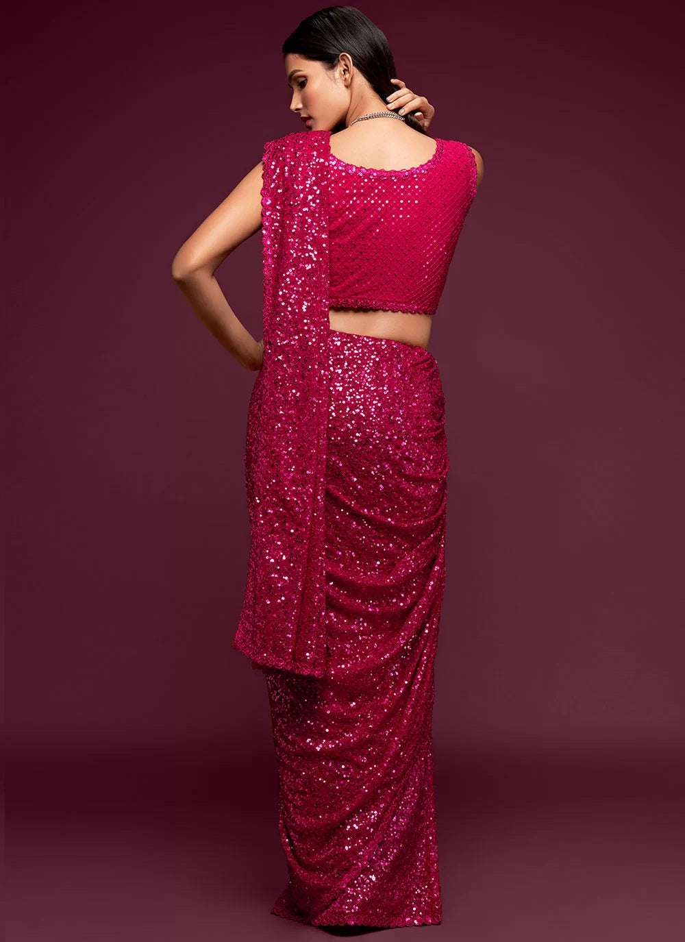 Hot pink georgette sequins and embroidered saree