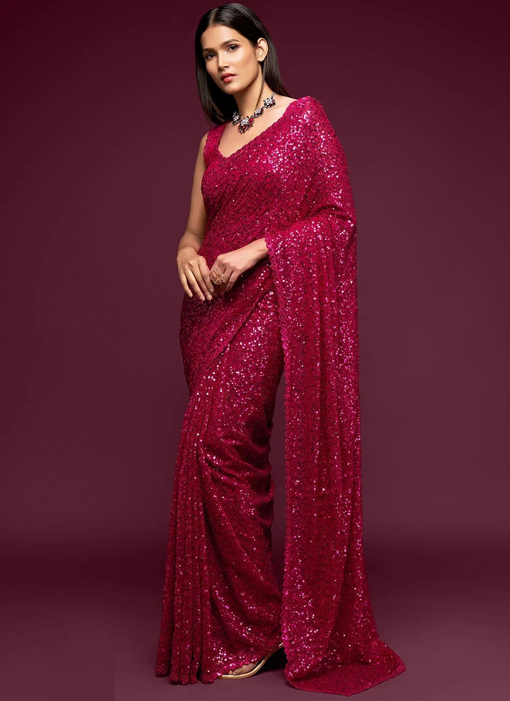 Hot pink georgette sequins and embroidered saree