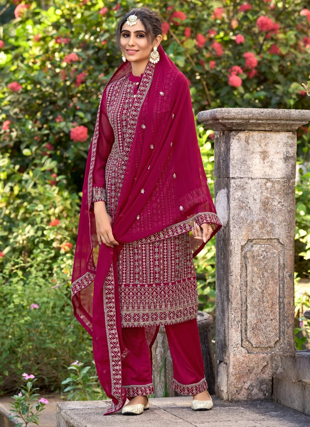 Elegant hot pink glory silk pant suit with embroidery dupatta set
