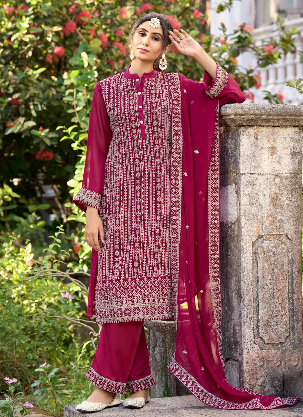 Elegant hot pink glory silk pant suit with embroidery dupatta set