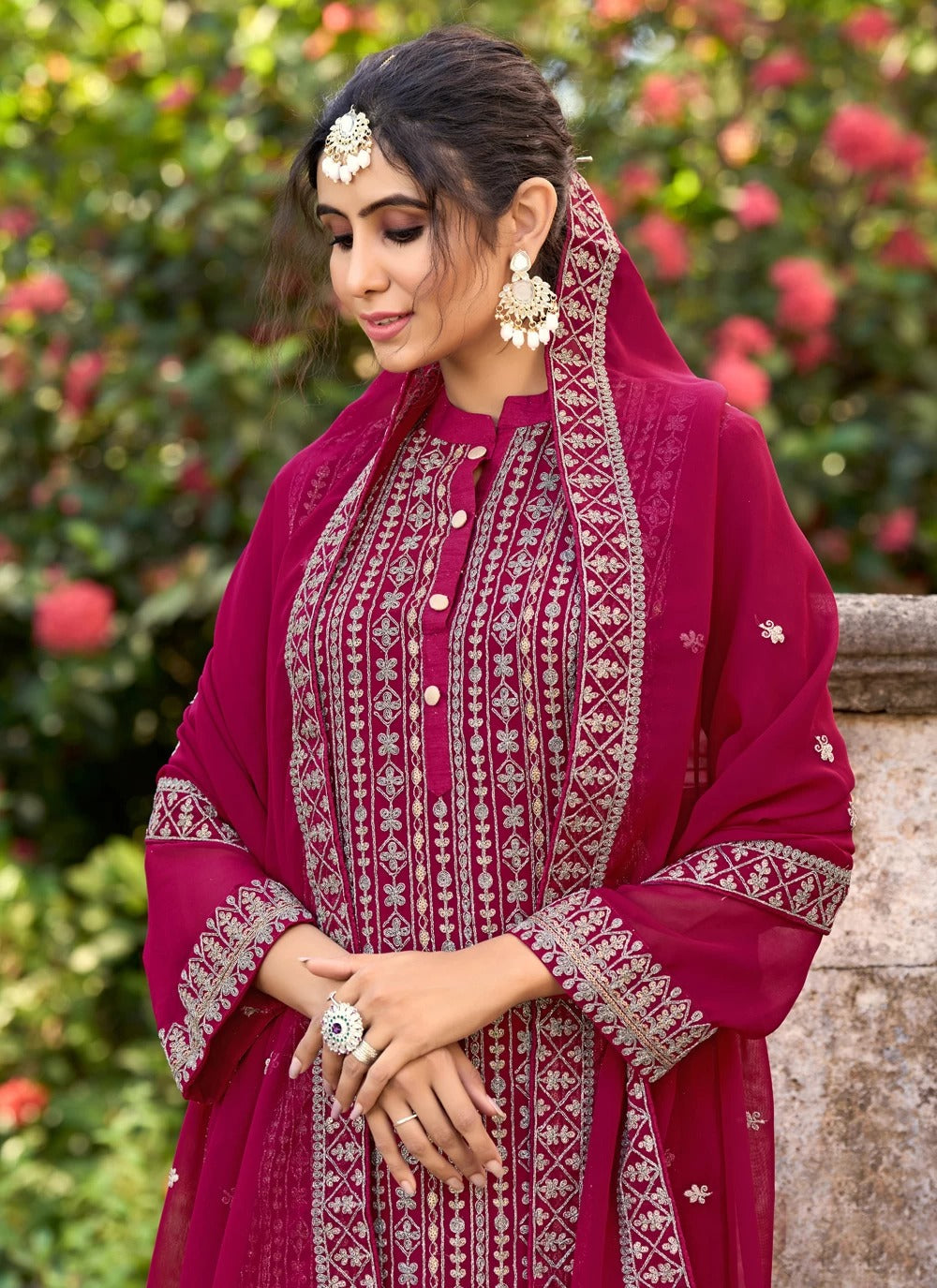 Elegant hot pink glory silk pant suit with embroidery dupatta set