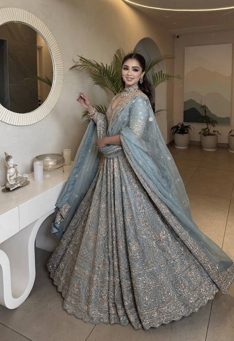 Icy Blue Designer Silk Lehenga Choli