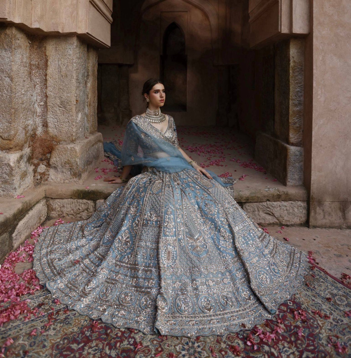 Icy Blue Designer Silk Lehenga Choli