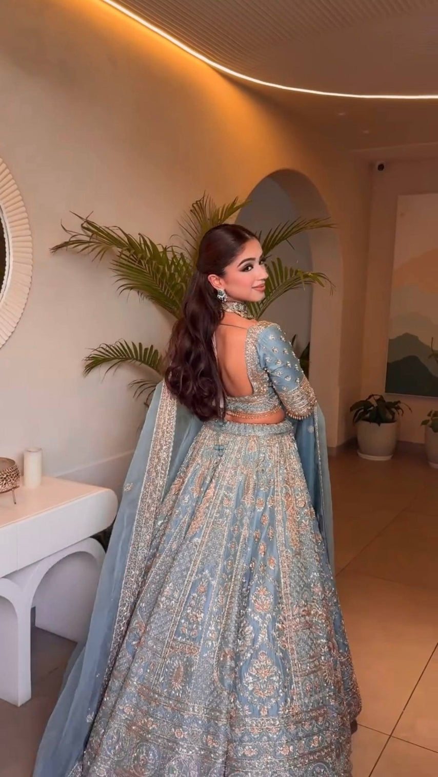 Icy Blue Designer Silk Lehenga Choli