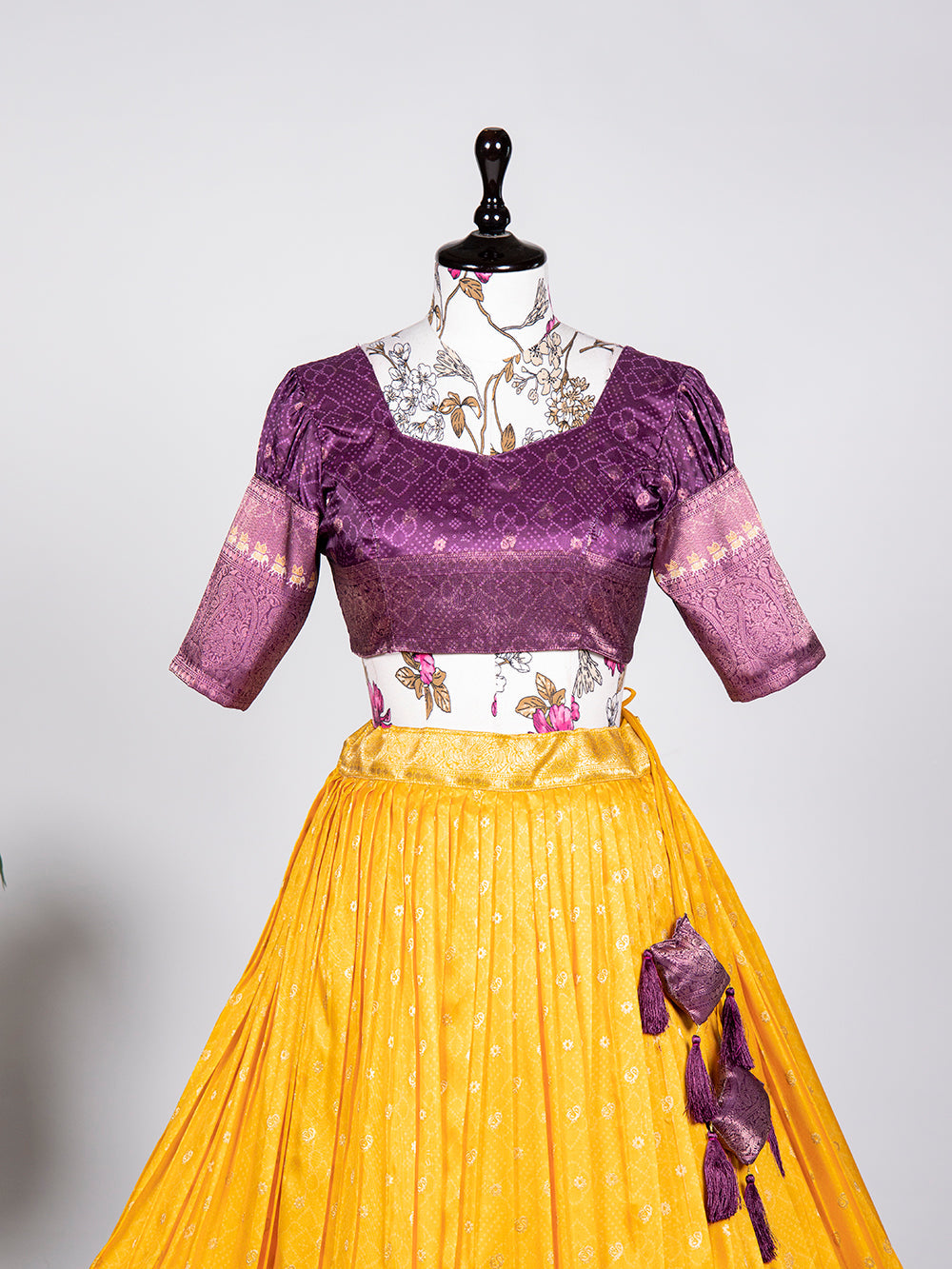 Yellow Color Weaving Work With Digital Print Jacquard Silk Half Saree Lehenga Choli