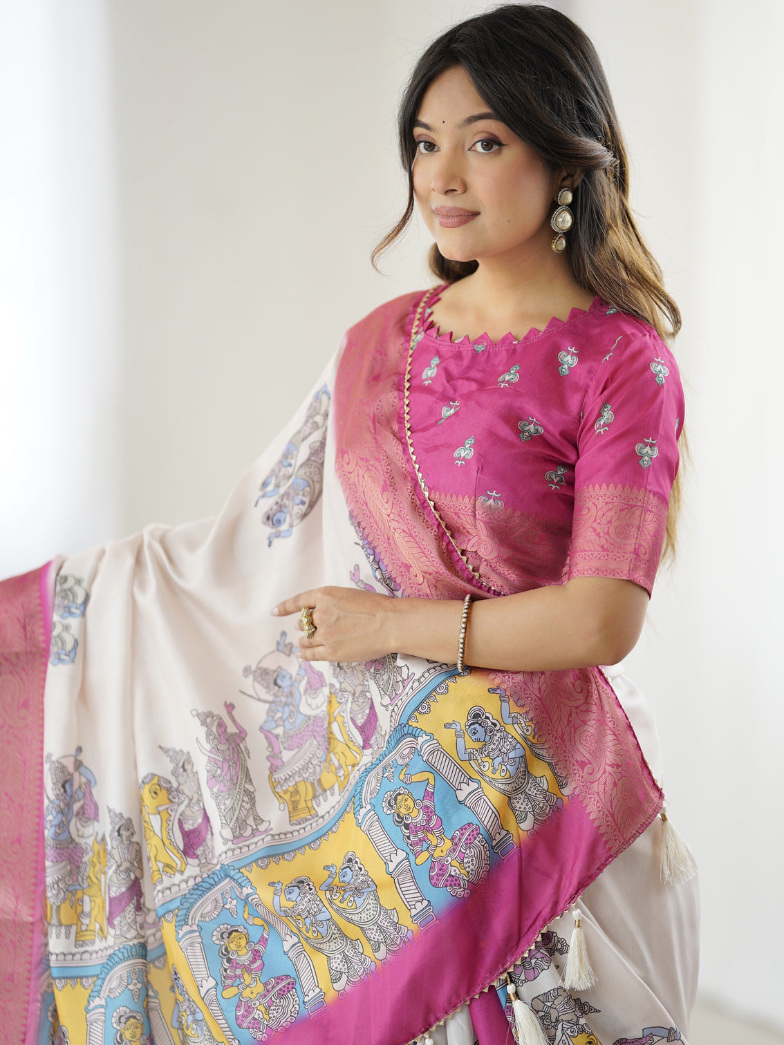 Elegant kalamkari lehenga in magenta and multicolor with flared skirt and dupatta
