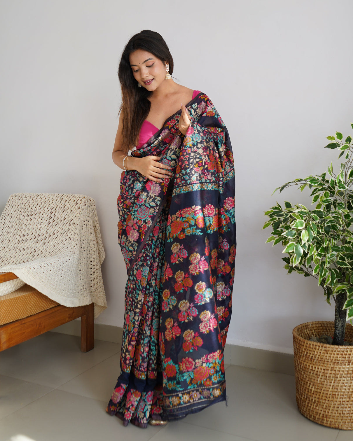 Kashmiri pashmina cotton kachhi work multi thrade saree