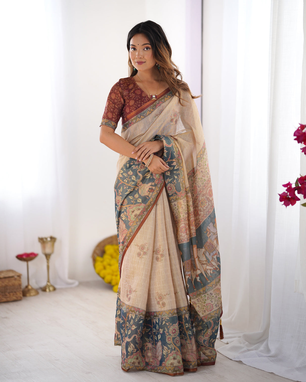 Beige handloom cotton saree with maroon blouse and multicolor royal procession pallu mameraa