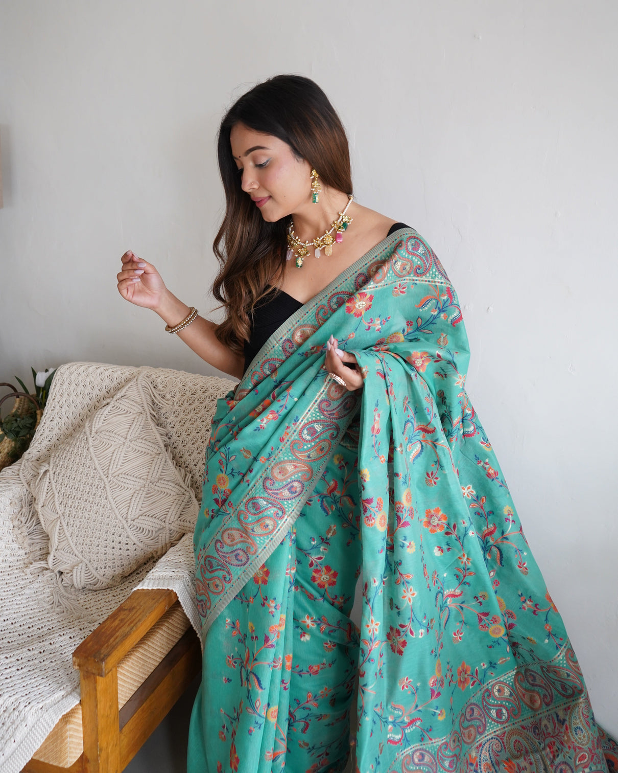 Kashmiri pashmina cotton kachhi work multi thrade saree mameraa
