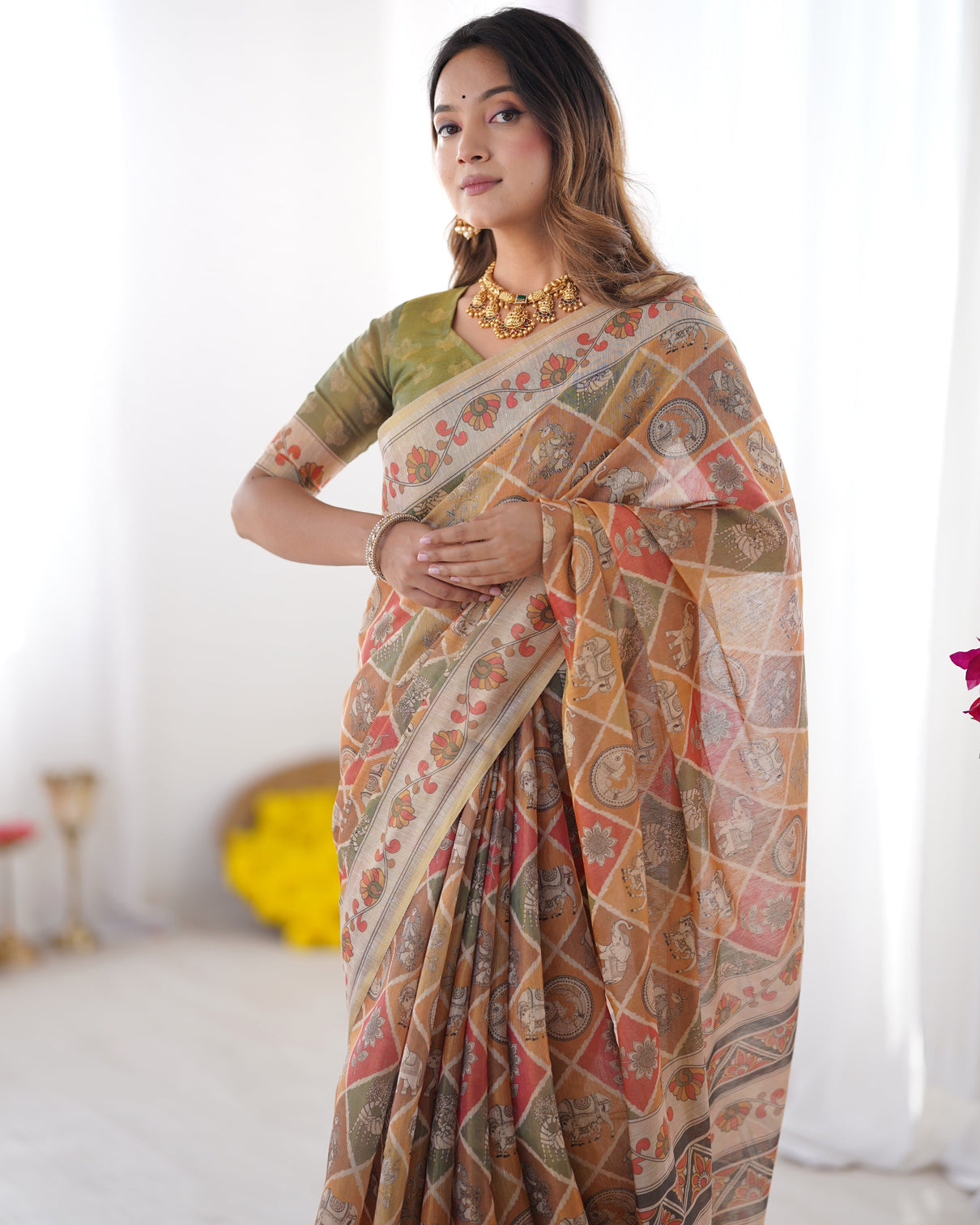 Multicolor zari woven handloom cotton saree with traditional animal floral motifs and tassels