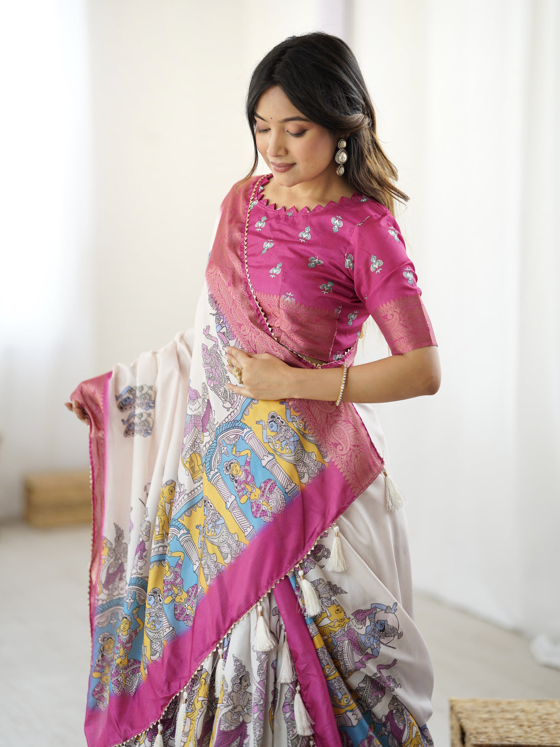 Elegant kalamkari lehenga in magenta and multicolor with flared skirt and dupatta