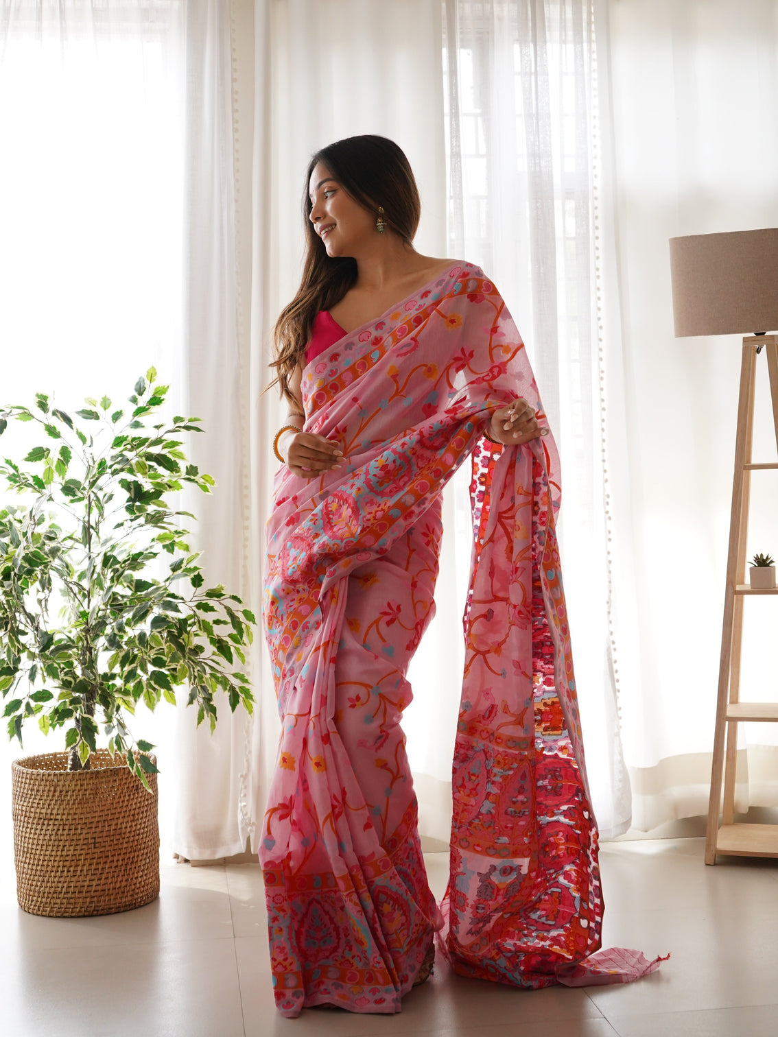 Kashmiri pashmina cotton kachhi work multi thrade saree