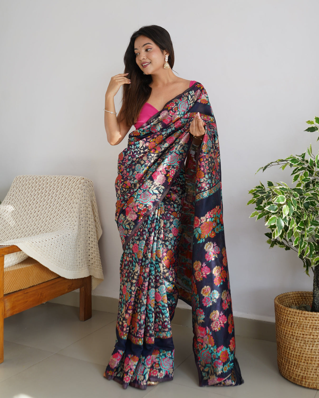 Kashmiri pashmina cotton kachhi work multi thrade saree