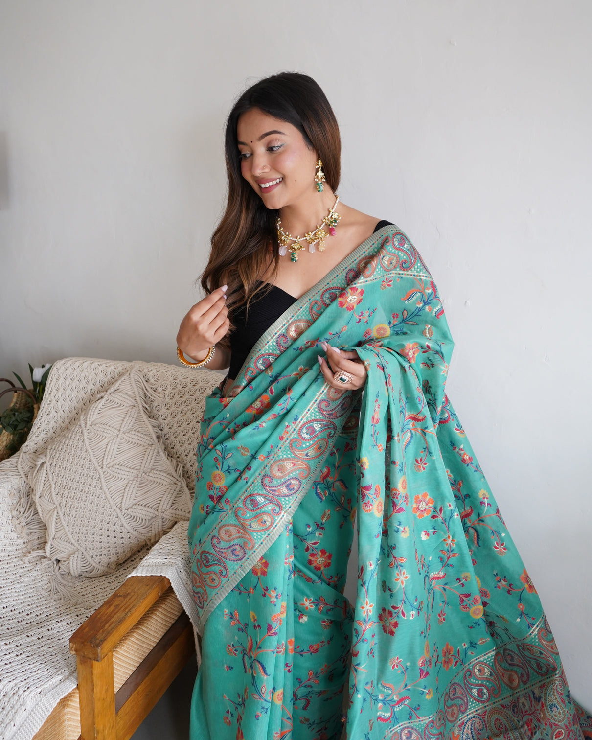 Kashmiri pashmina cotton kachhi work multi thrade saree