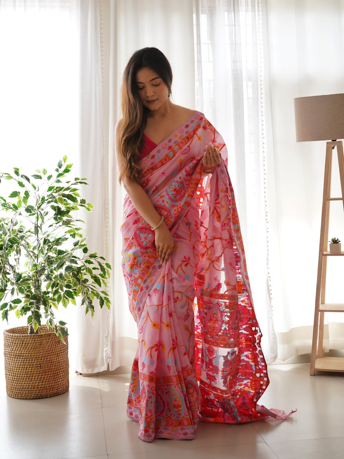 Kashmiri pashmina cotton kachhi work multi thrade saree