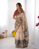 Beige Handloom Cotton Saree with Maroon Blouse and Multicolor Royal Procession Pallu