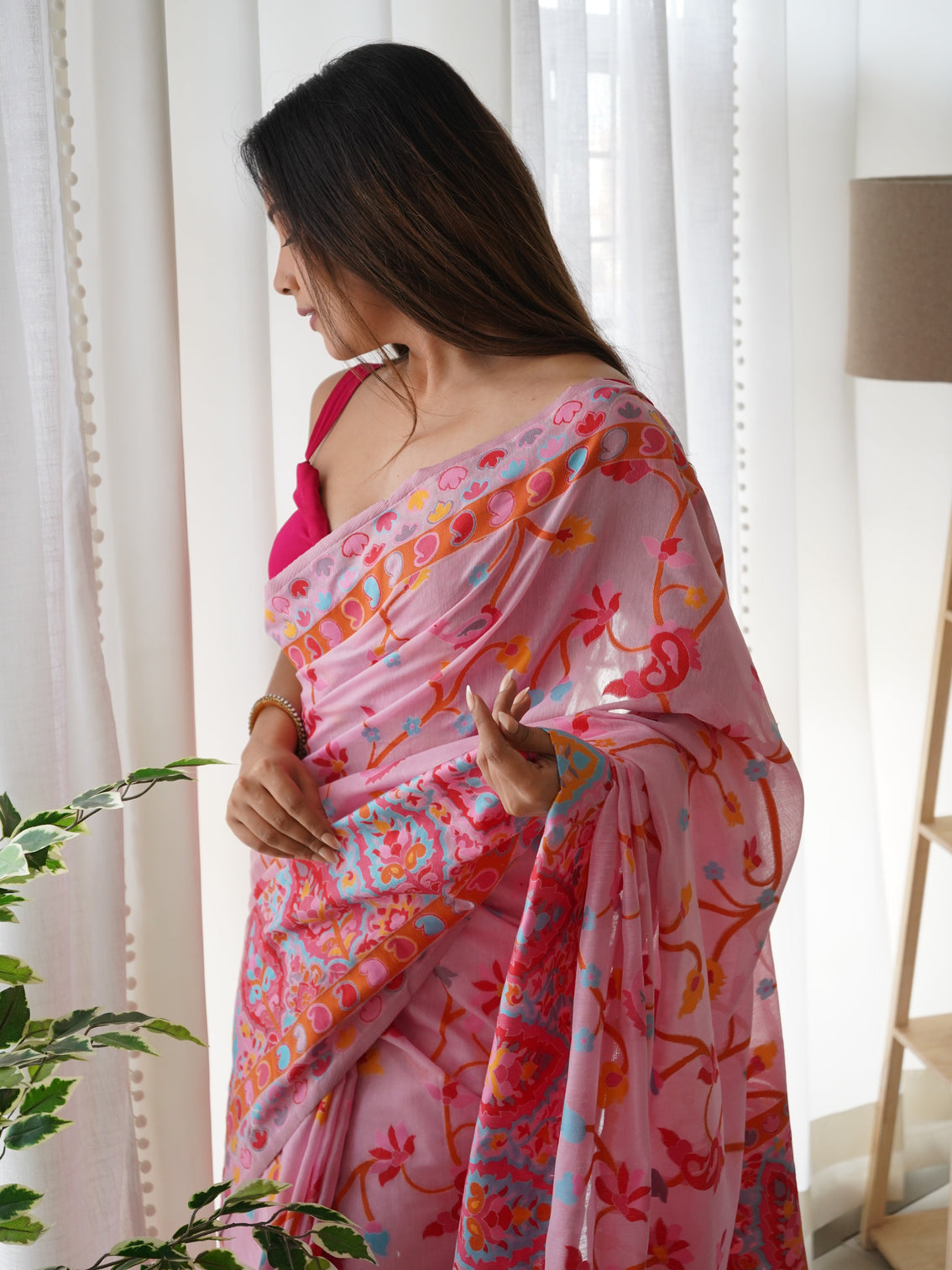 Kashmiri pashmina cotton kachhi work multi thrade saree