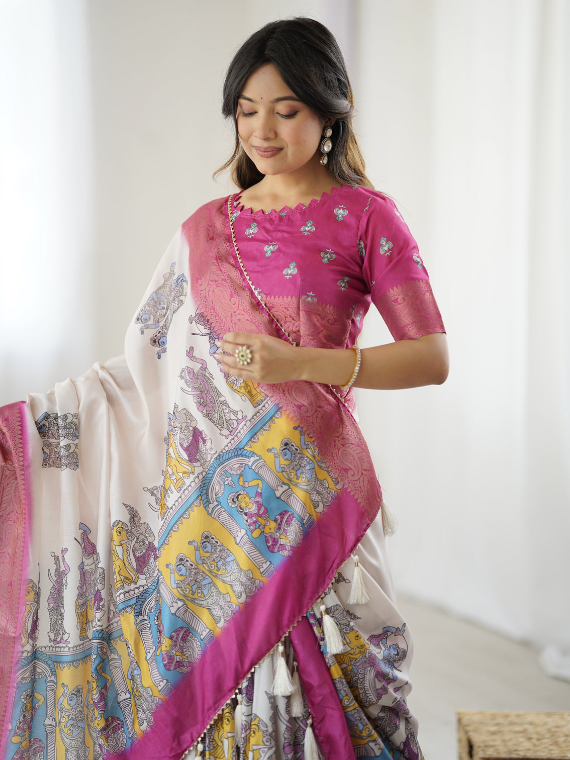Elegant kalamkari lehenga in magenta and multicolor with flared skirt and dupatta