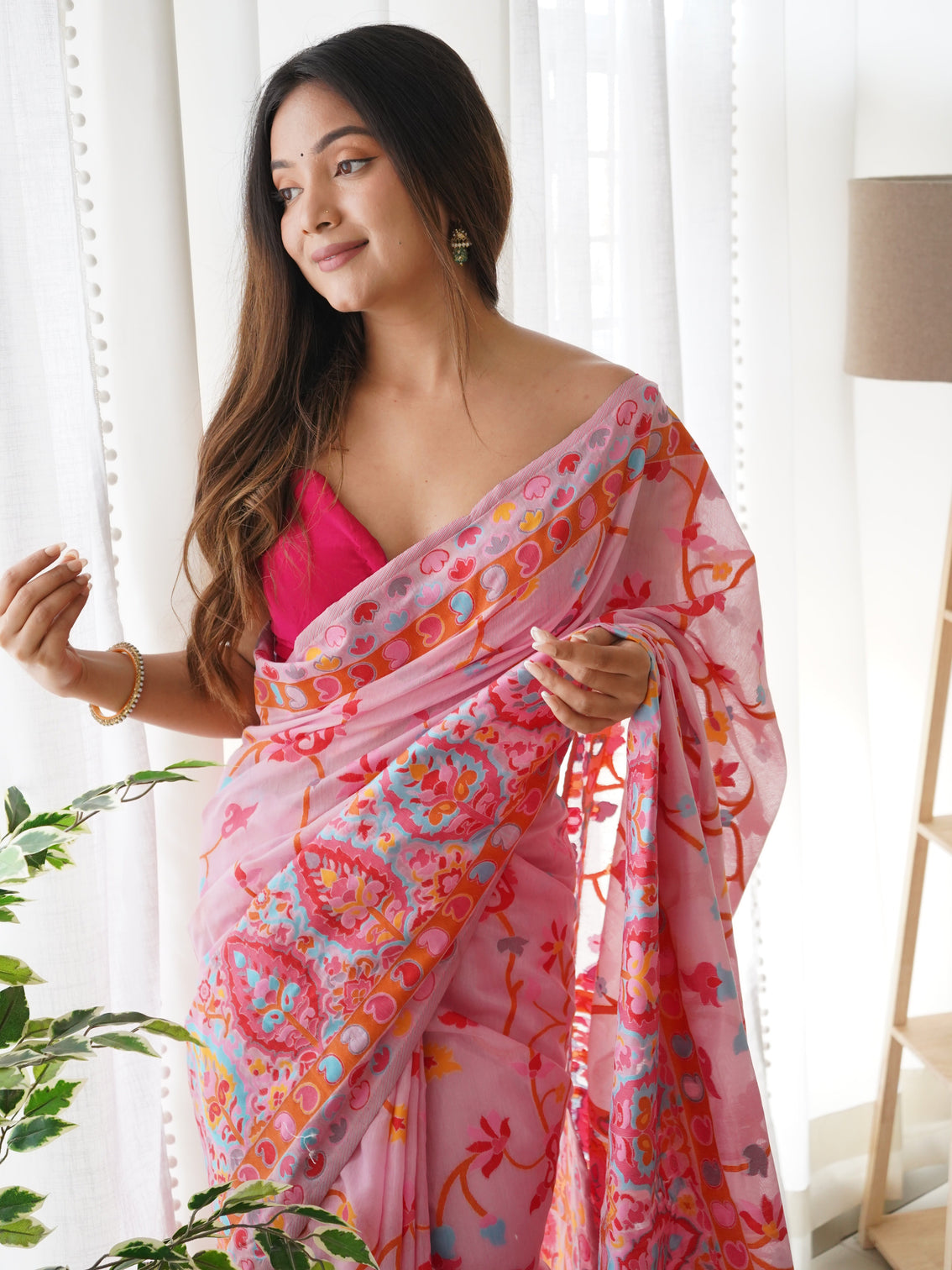Kashmiri pashmina cotton kachhi work multi thrade saree