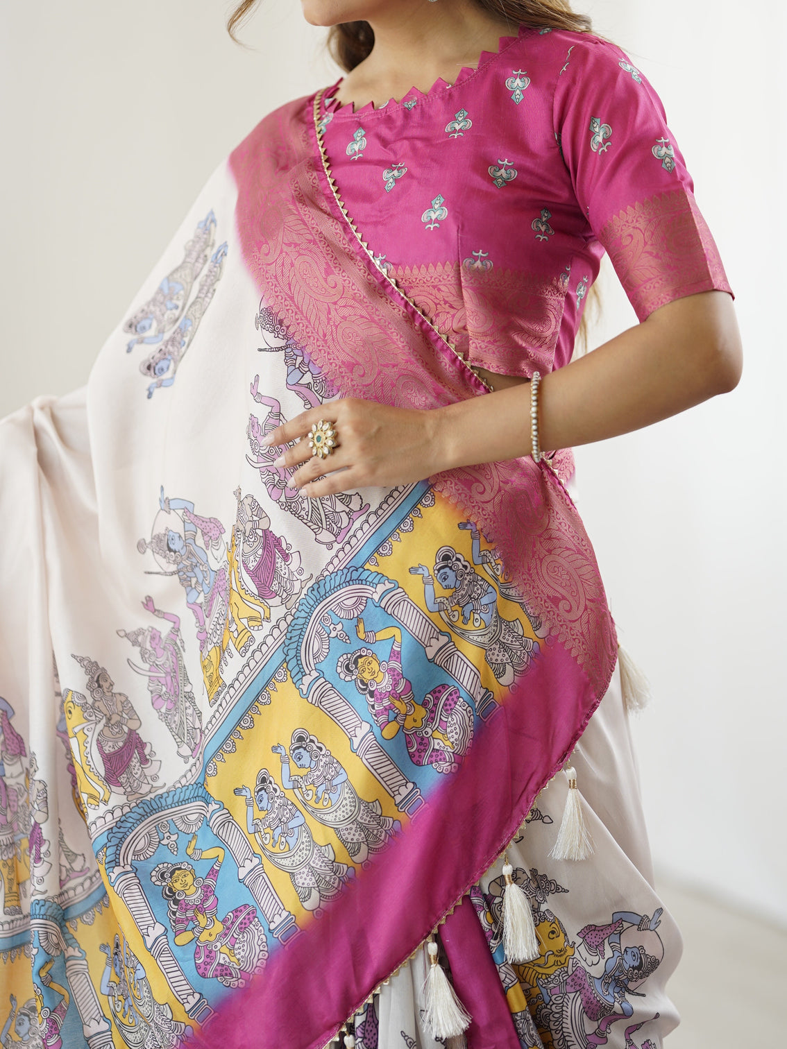 Elegant kalamkari lehenga in magenta and multicolor with flared skirt and dupatta