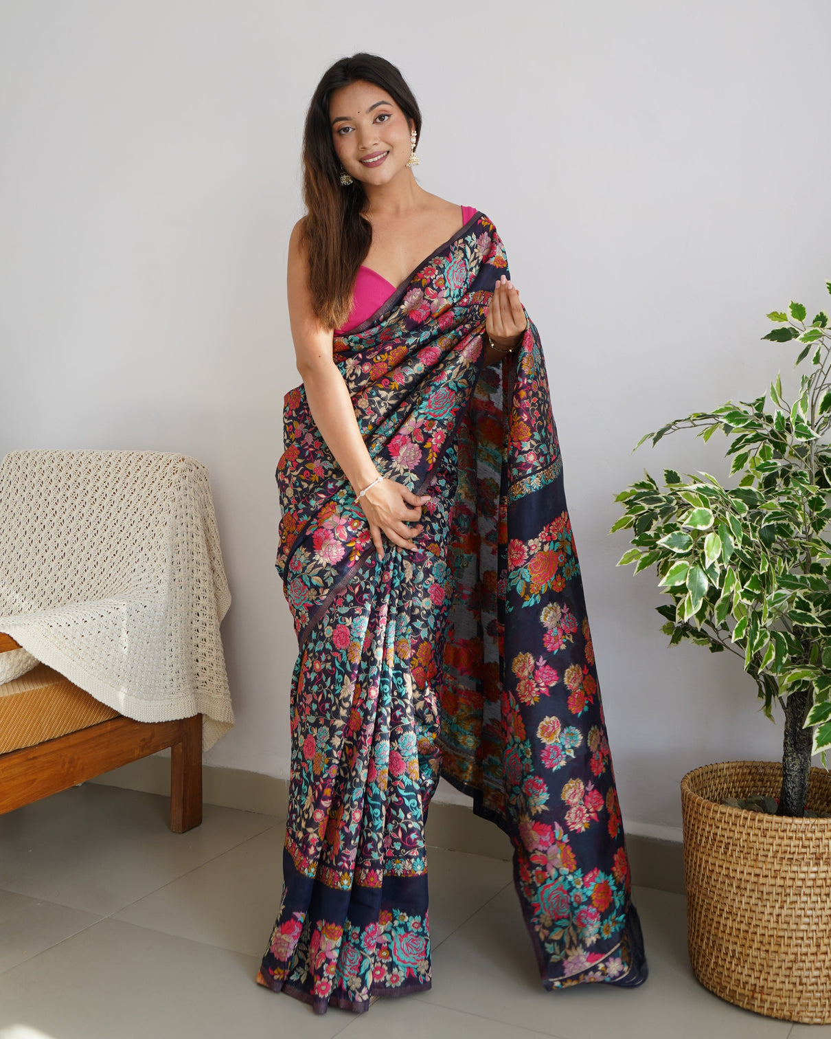 Kashmiri pashmina cotton kachhi work multi thrade saree