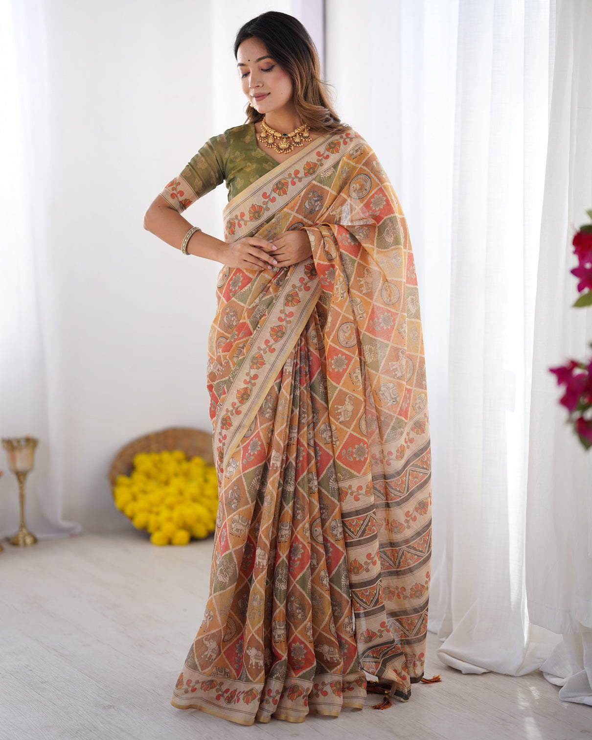 Multicolor zari woven handloom cotton saree with traditional animal floral motifs and tassels