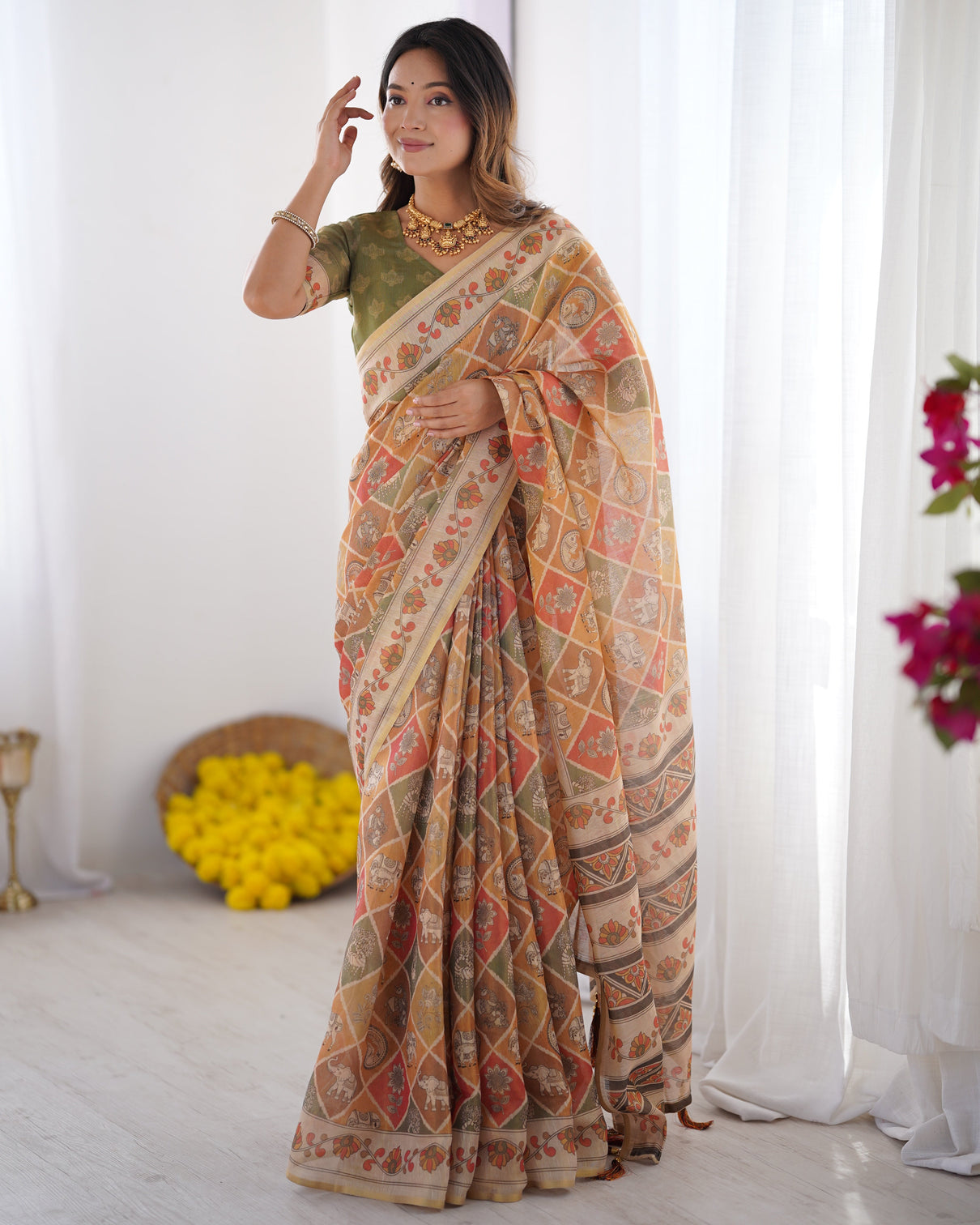 Multicolor zari woven handloom cotton saree with traditional animal floral motifs and tassels