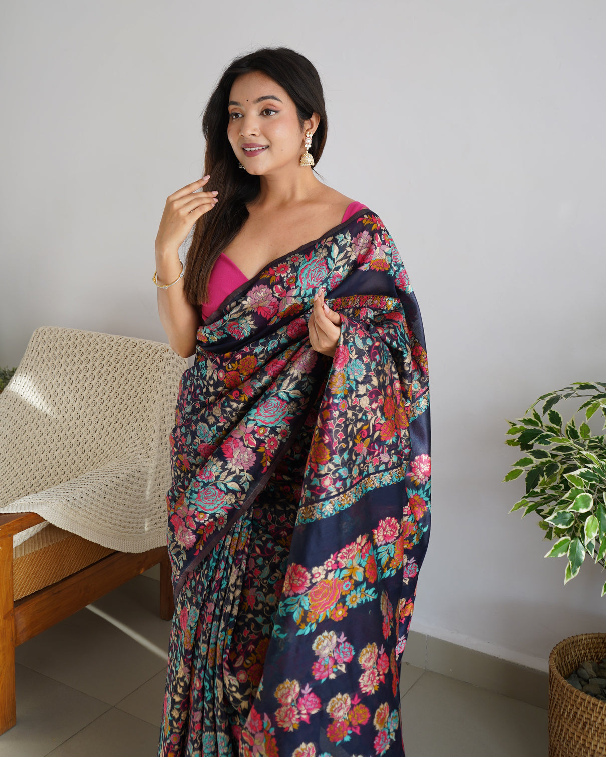 Kashmiri pashmina cotton kachhi work multi thrade saree