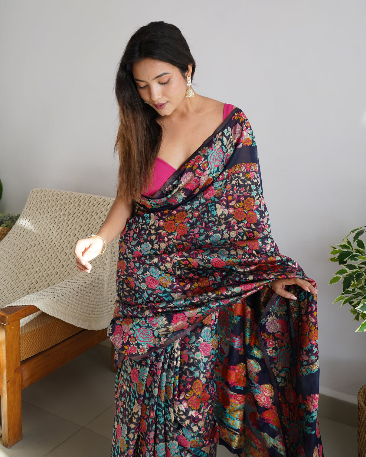 Kashmiri pashmina cotton kachhi work multi thrade saree