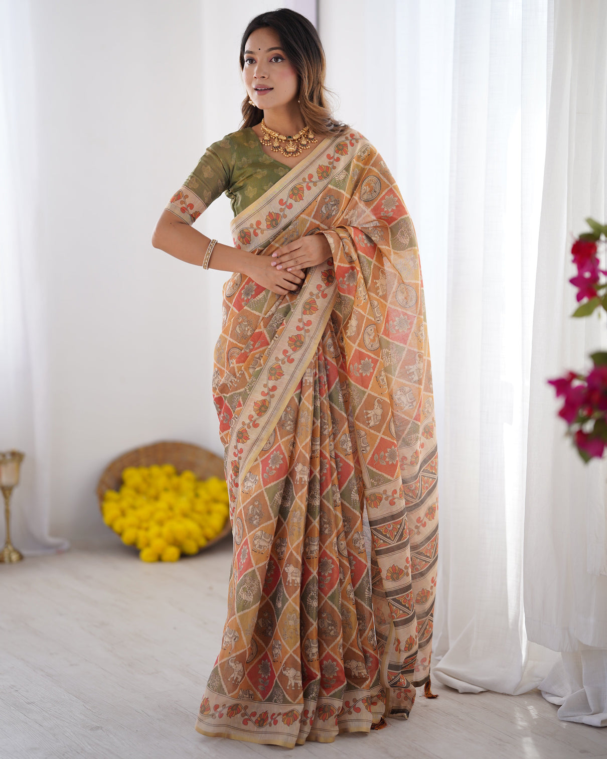 Multicolor zari woven handloom cotton saree with traditional animal floral motifs and tassels mameraa