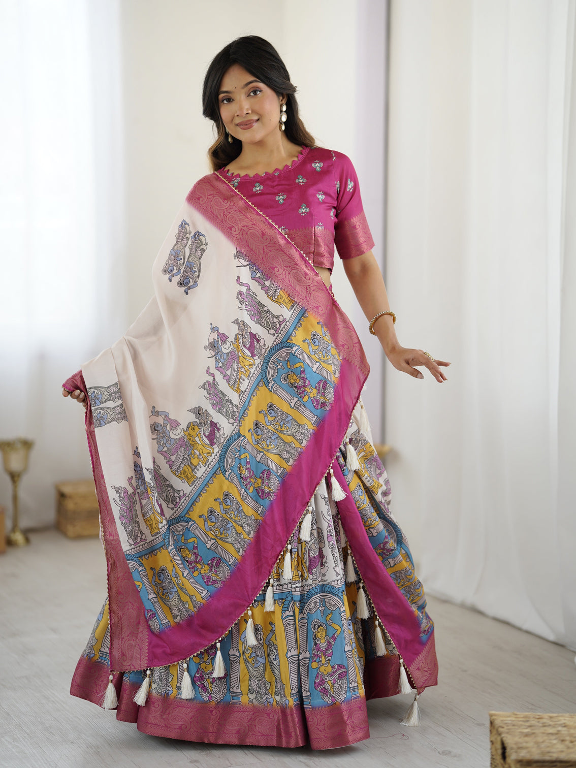 Elegant kalamkari lehenga in magenta and multicolor with flared skirt and dupatta mameraa