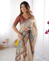 Beige Handloom Cotton Saree with Maroon Blouse and Multicolor Royal Procession Pallu
