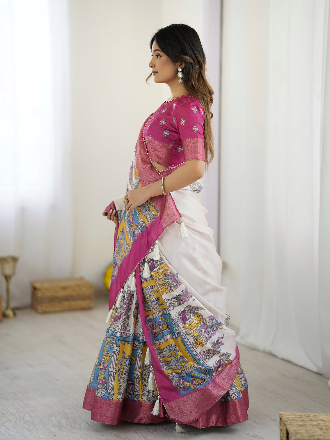 Elegant kalamkari lehenga in magenta and multicolor with flared skirt and dupatta