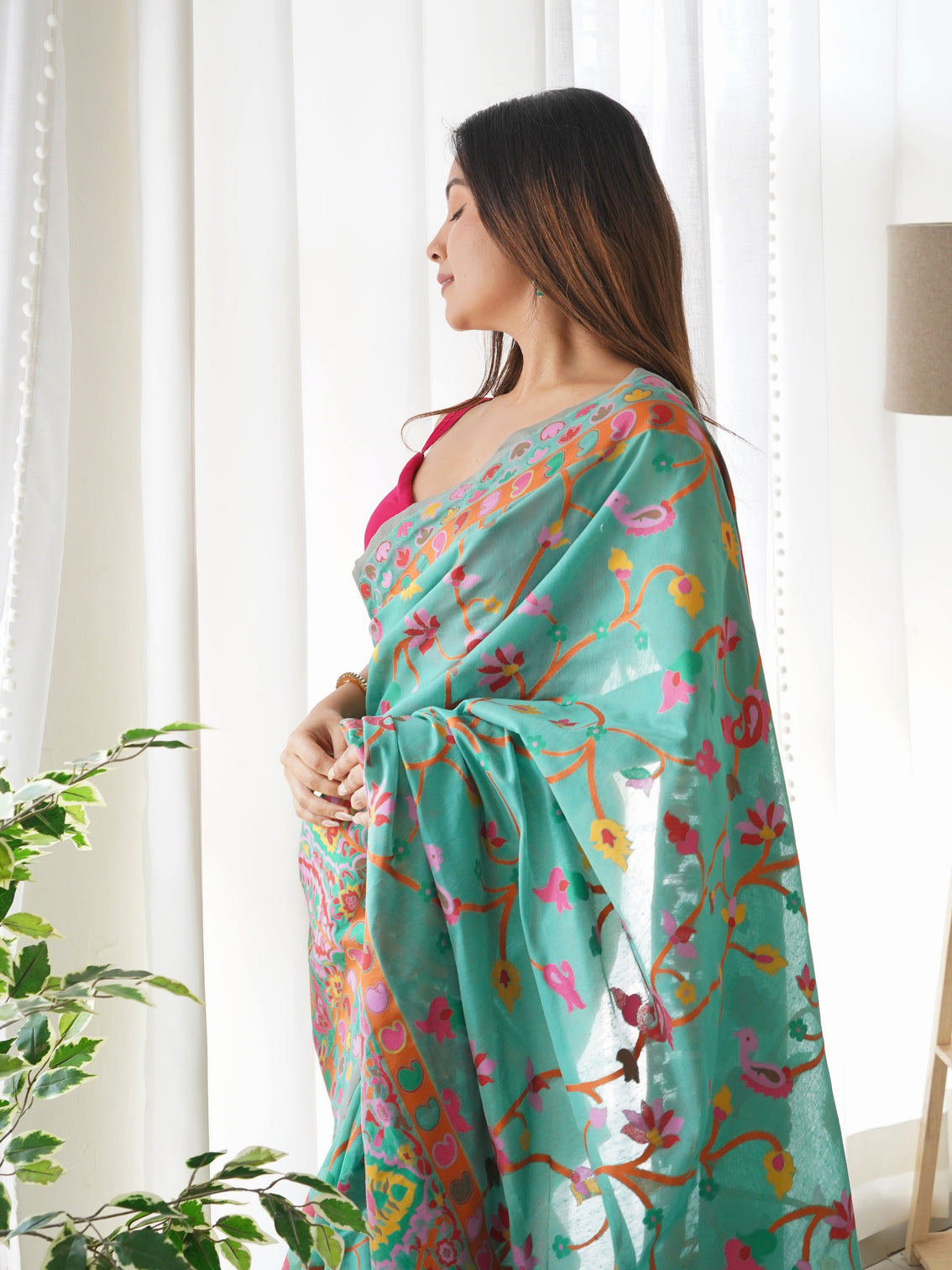 Kashmiri pashmina cotton kachhi work multi thrade saree